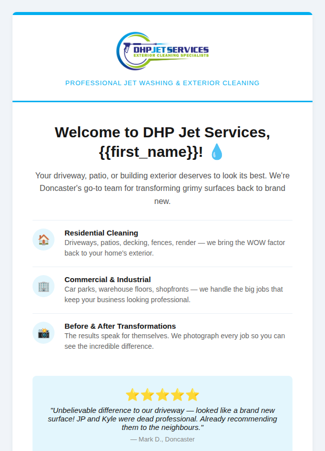 Automated welcome email sequence for new trade business leads